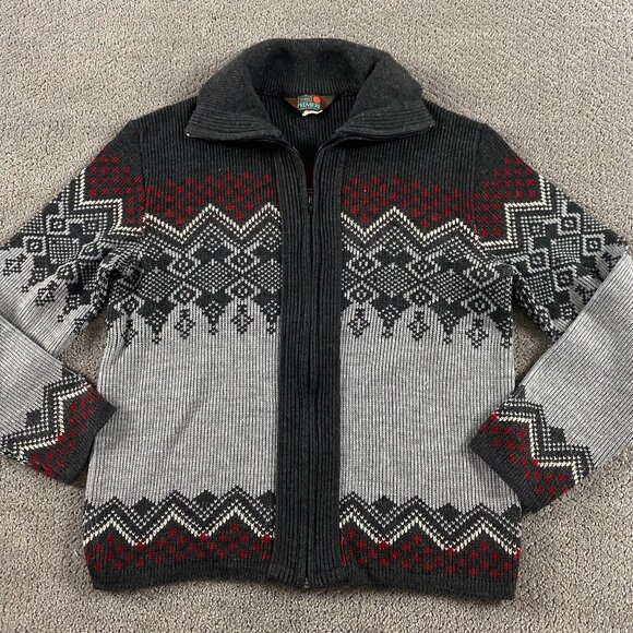 Vintage Sears Fair Isle Sweater Men's Large Knit Acrylic Full Zip Nordic Gray - Picture 1 of 10